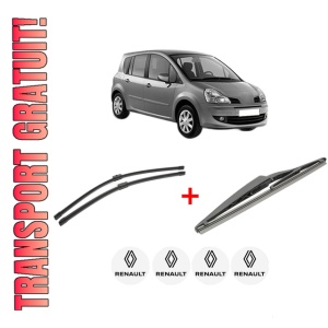Set 3 stergatoare RENAULT MODUS / GRAND MODUS (F/JP0_) din 2004 - 2012, pentru parbriz si luneta fata si spate auto, Bosch Twin, din cauciuc siliconat rezistent, 4 Stickere Auto RENAULT