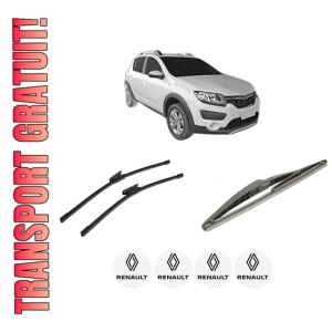 Set 3 stergatoare RENAULT SANDERO/STEPWAY II (B8_) din 2013-2019, pentru parbriz si luneta fata si spate auto, Bosch Twin-Aerotwin, din cauciuc siliconat rezistent, 4 Stickere Auto RENAULT