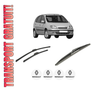 Set 3 stergatoare RENAULT SCENIC I MPV (JA0/1_, FA0_) din 1999-2003, pentru parbriz si luneta fata si spate auto, Bosch Twin-Aerotwin Retrofit, din cauciuc siliconat rezistent, 4 Stickere Auto RENAULT
