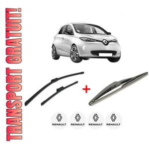 Set 3 stergatoare RENAULT ZOE (BFM_) din 2012, pentru parbriz si luneta fata si spate auto, Bosch Twin, din cauciuc siliconat rezistent, 4 Stickere Auto RENAULT