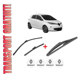Set 3 stergatoare RENAULT ZOE Hatchback Van (BFM_) din 2019, pentru parbriz si luneta fata si spate auto, Valeo Silencio, din cauciuc siliconat rezistent, 4 Stickere Auto RENAULT