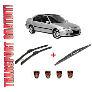 Set 3 stergatoare ROVER 45 I Saloon (RT) din 2000 - 2005, pentru parbriz si luneta fata si spate auto, Bosch Twin, din cauciuc siliconat rezistent, 4 Stickere Auto ROVER