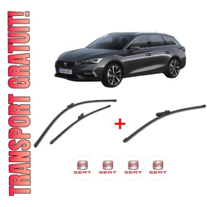 Set 3 stergatoare SEAT LEON Sportstourer (KL8, KLD) din 2020, pentru parbriz si luneta fata si spate auto, Valeo Silencio Xtrm, din cauciuc siliconat rezistent, 4 Stickere Auto SEAT