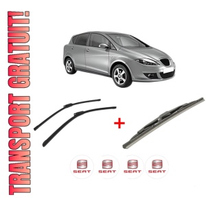 Set 3 stergatoare SEAT TOLEDO III (5P2) din 2004 - 2009, pentru parbriz si luneta fata si spate auto, Bosch Twin, din cauciuc siliconat rezistent, 4 Stickere Auto SEAT