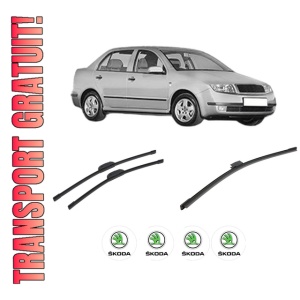 Set 3 stergatoare SKODA FABIA I Saloon (6Y3) din 2000-2007, pentru parbriz si luneta fata si spate auto, Bosch Aerotwin-Aerotwin Retrofit, din cauciuc siliconat rezistent, 4 Stickere Auto SKODA