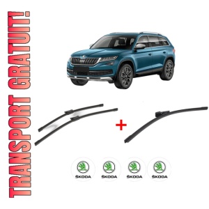 Set 3 stergatoare SKODA KODIAQ I (NS6, NS7, NV7) din 2016, pentru parbriz si luneta fata si spate auto, Bosch Aerotwin, din cauciuc siliconat rezistent, 4 Stickere Auto SKODA