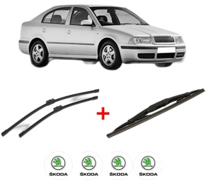 Set 3 stergatoare SKODA OCTAVIA I (1U2) din 1996 - 2010, pentru parbriz si luneta fata si spate auto, Bosch Twin, din cauciuc siliconat rezistent, 4 Stickere Auto SKODA v10067