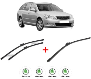 Set 3 stergatoare SKODA OCTAVIA II Combi (1Z5) din 2004 - 2013, pentru parbriz si luneta fata si spate auto, Bosch Aerotwin, din cauciuc siliconat rezistent, 4 Stickere Auto SKODA v7307