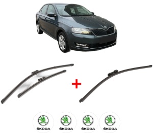 Set 3 stergatoare SKODA RAPID (NH3, NK3, NK6) din 2012 - 2022, pentru parbriz si luneta fata si spate auto, Valeo Silencio Xtrm, din cauciuc siliconat rezistent, 4 Stickere Auto SKODA v13066
