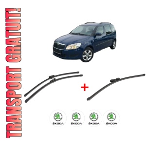 Set 3 stergatoare SKODA ROOMSTER (5J7) din 2006 - 2015, pentru parbriz si luneta fata si spate auto, Valeo Silencio Xtrm, din cauciuc siliconat rezistent, 4 Stickere Auto SKODA