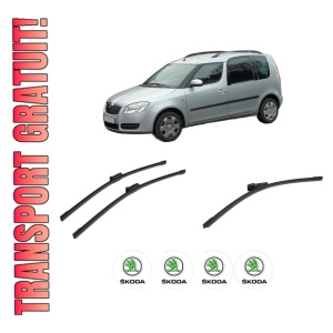Set 3 stergatoare SKODA ROOMSTER Praktik (5J) din 2007-2015, pentru parbriz si luneta fata si spate auto, Bosch Aerotwin-Aerotwin, din cauciuc siliconat rezistent, 4 Stickere Auto SKODA
