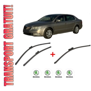Set 3 stergatoare SKODA SUPERB II Estate (3T5) din 2009 - 2015, pentru parbriz si luneta fata si spate auto, Valeo Silencio Xtrm, din cauciuc siliconat rezistent, 4 Stickere Auto SKODA
