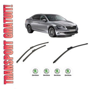 Set 3 stergatoare SKODA SUPERB III (3V3) din 2015-2024, pentru parbriz si luneta fata si spate auto, Bosch Aerotwin-Aerotwin, din cauciuc siliconat rezistent, 4 Stickere Auto SKODA