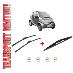 Set 3 stergatoare SMART FORTWO Coupe (450) din 2004 - 2007, pentru parbriz si luneta fata si spate auto, Bosch Twin, din cauciuc siliconat rezistent, 4 Stickere Auto SMART