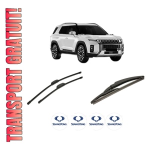 Set 3 stergatoare SSANGYONG TORRES (J100) din 2022, pentru parbriz si luneta fata si spate auto, Bosch Twin-Aerotwin Retrofit, din cauciuc siliconat rezistent, 4 Stickere Auto SSANGYONG