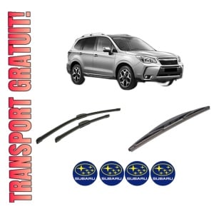 Set 3 stergatoare SUBARU FORESTER (SJ_) din 2012-2013, pentru parbriz si luneta fata si spate auto, Bosch Twin-Aerotwin Retrofit, din cauciuc siliconat rezistent, 4 Stickere Auto SUBARU