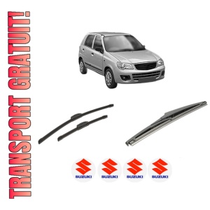 Set 3 stergatoare SUZUKI ALTO K10 din 2012-2015, pentru parbriz si luneta fata si spate auto, Bosch Twin-Aerotwin Retrofit, din cauciuc siliconat rezistent, 4 Stickere Auto SUZUKI