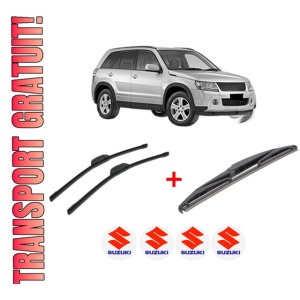 Set 3 stergatoare SUZUKI GRAND VITARA II (JT, TE, TD) din 2005 - 2015, pentru parbriz si luneta fata si spate auto, Bosch Twin, din cauciuc siliconat rezistent, 4 Stickere Auto SUZUKI