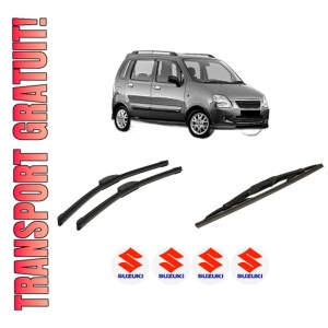 Set 3 stergatoare SUZUKI WAGON R+ (MA) din 2000-2008, pentru parbriz si luneta fata si spate auto, Bosch Twin-Aerotwin Retrofit, din cauciuc siliconat rezistent, 4 Stickere Auto SUZUKI