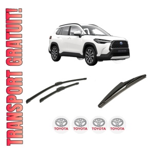 Set 3 stergatoare TOYOTA COROLLA CROSS (ZVG1_, ZSG1_, MXGH1_, MXGA1_) din 2022-2023, pentru parbriz si luneta fata si spate auto, Bosch Twin-Aerotwin Retrofit, din cauciuc siliconat rezistent, 4 Stickere Auto TOYOTA