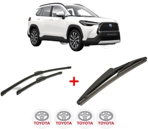 Set 3 stergatoare TOYOTA COROLLA CROSS (ZVG1_, ZSG1_, MXGH1_, MXGA1_) din 2022, pentru parbriz si luneta fata si spate auto, Bosch Twin, din cauciuc siliconat rezistent, 4 Stickere Auto TOYOTA v3287