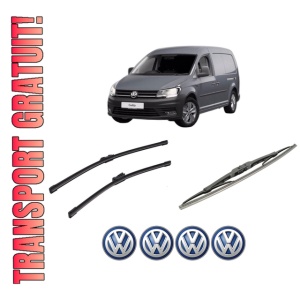 Set 3 stergatoare Volkswagen CADDY III Box Body/MPV (2KA, 2KH, 2CA, 2CH) din 2004-2015, pentru parbriz si luneta fata si spate auto, Bosch Twin-Aerotwin, din cauciuc siliconat rezistent, 4 Stickere Auto Volkswagen