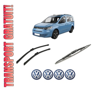 Set 3 stergatoare Volkswagen CADDY IV Box Body/MPV (SAA, SAH) din 2015-2020, pentru parbriz si luneta fata si spate auto, Bosch Twin-Aerotwin, din cauciuc siliconat rezistent, 4 Stickere Auto Volkswagen