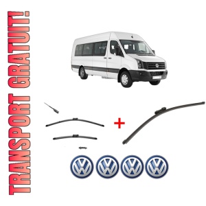 Set 3 stergatoare Volkswagen CRAFTER Bus (SYI, SYJ) din 2016 - 2024, pentru parbriz si luneta fata si spate auto, Valeo Silencio Xtrm, din cauciuc siliconat rezistent, 4 Stickere Auto VW