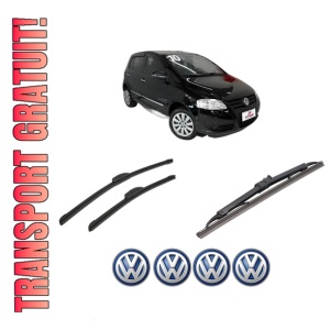 Set 3 stergatoare Volkswagen FOX Van (5Z1) din 2010-2011, pentru parbriz si luneta fata si spate auto, Bosch Twin-Aerotwin Retrofit, din cauciuc siliconat rezistent, 4 Stickere Auto Volkswagen