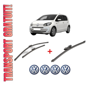 Set 3 stergatoare Volkswagen LOAD UP! (121, 122, BL1, BL2) din 2012 - 2020, pentru parbriz si luneta fata si spate auto, Valeo Silencio Xtrm, din cauciuc siliconat rezistent, 4 Stickere Auto VW