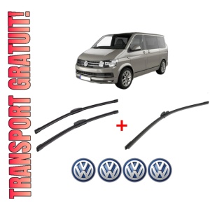 Set 3 stergatoare Volkswagen MULTIVAN T5 (7HM, 7HN, 7HF, 7EF, 7EM, 7EN) din 2003 - 2015, pentru parbriz si luneta fata si spate auto, Bosch Aerotwin, din cauciuc siliconat rezistent, 4 Stickere Auto VW