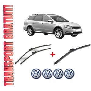 Set 3 stergatoare Volkswagen PASSAT ALLTRACK B7 (365) din 2012 - 2014, pentru parbriz si luneta fata si spate auto, Bosch Aerotwin, din cauciuc siliconat rezistent, 4 Stickere Auto VW