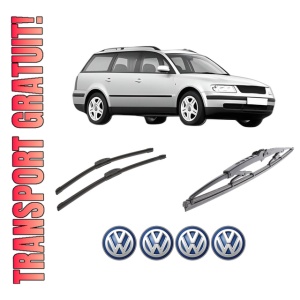 Set 3 stergatoare Volkswagen PASSAT B5 Variant (3B5) din 1997-2000, pentru parbriz si luneta fata si spate auto, Bosch Twin-Aerotwin Retrofit, din cauciuc siliconat rezistent, 4 Stickere Auto Volkswagen