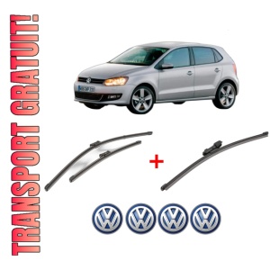 Set 3 stergatoare Volkswagen POLO Van V (6R1, 6C1) din 2009 - 2017, pentru parbriz si luneta fata si spate auto, Valeo Silencio Xtrm, din cauciuc siliconat rezistent, 4 Stickere Auto VW
