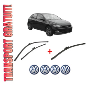 Set 3 stergatoare Volkswagen POLO VI (AW1, BZ1, AE1) din 2017 - 2021, pentru parbriz si luneta fata si spate auto, Valeo Silencio Xtrm, din cauciuc siliconat rezistent, 4 Stickere Auto VW