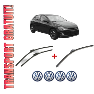 Set 3 stergatoare Volkswagen POLO VI (AW1, BZ1, AE1) din 2017 - 2021, pentru parbriz si luneta fata si spate auto, Bosch Aerotwin, din cauciuc siliconat rezistent, 4 Stickere Auto VW
