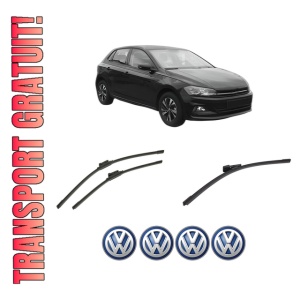 Set 3 stergatoare Volkswagen POLO VI (AW1, BZ1, AE1) din 2017-2021, pentru parbriz si luneta fata si spate auto, Bosch Aerotwin-Aerotwin, din cauciuc siliconat rezistent, 4 Stickere Auto Volkswagen