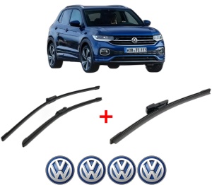Set 3 stergatoare Volkswagen T-CROSS (C11, D31) din 2018, pentru parbriz si luneta fata si spate auto, Bosch Aerotwin, din cauciuc siliconat rezistent, 4 Stickere Auto VW v5207