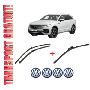 Set 3 stergatoare Volkswagen TOUAREG (CR7, RC8) din 2017 - 2023, pentru parbriz si luneta fata si spate auto, Bosch Aerotwin, din cauciuc siliconat rezistent, 4 Stickere Auto VW