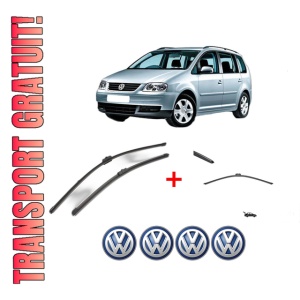 Set 3 stergatoare Volkswagen TOURAN (1T1, 1T2) din 2003 - 2010, pentru parbriz si luneta fata si spate auto, Valeo Silencio, din cauciuc siliconat rezistent, 4 Stickere Auto VW