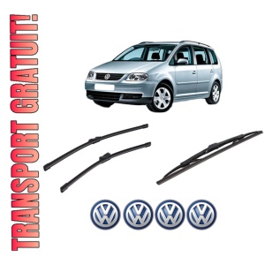 Set 3 stergatoare Volkswagen TOURAN (1T1, 1T2) din 2003-2010, pentru parbriz si luneta fata si spate auto, Bosch Twin-Aerotwin, din cauciuc siliconat rezistent, 4 Stickere Auto Volkswagen