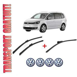 Set 3 stergatoare Volkswagen TOURAN VAN (1T3) din 2010 - 2015, pentru parbriz si luneta fata si spate auto, Bosch Aerotwin, din cauciuc siliconat rezistent, 4 Stickere Auto VW