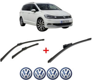Set 3 stergatoare Volkswagen TOURAN VAN (5T1) din 2020, pentru parbriz si luneta fata si spate auto, Bosch Aerotwin, din cauciuc siliconat rezistent, 4 Stickere Auto VW v6047