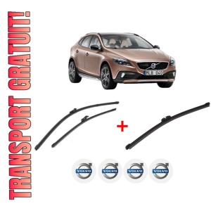 Set 3 stergatoare VOLVO V40 Cross Country (526) din 2012 - 2019, pentru parbriz si luneta fata si spate auto, Valeo Silencio, din cauciuc siliconat rezistent, 4 Stickere Auto VOLVO