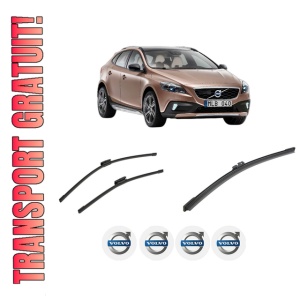 Set 3 stergatoare VOLVO V40 Cross Country (526) din 2012-2019, pentru parbriz si luneta fata si spate auto, Bosch Aerotwin-Aerotwin Multi, din cauciuc siliconat rezistent, 4 Stickere Auto VOLVO