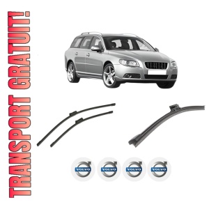Set 3 stergatoare VOLVO V70 III (135) din 2007-2016, pentru parbriz si luneta fata si spate auto, Bosch Aerotwin-Aerotwin, din cauciuc siliconat rezistent, 4 Stickere Auto VOLVO