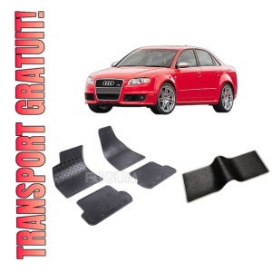 Set 5 covorase AUDI A4 B7 din 11.2004-10.2007, cu covoras tunel median, CAROSERIE SEDAN, Presuri cauciuc 100%, compatibil cu autoturismul AUDI A4 B7, Rigum