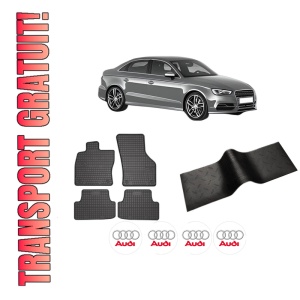Set 5 covorase auto AUDI A3 Limousine (8VS, 8VM) din 2004-2013, cu covoras tunel median, presuri auto din cauciuc, 4x Stickere auto cu AUDI