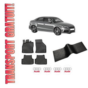 Set 5 covorase auto AUDI A3 Limousine (8VS, 8VM) din 2004-2013, cu covoras tunel median, presuri auto din cauciuc, 4x Stickere auto cu AUDI