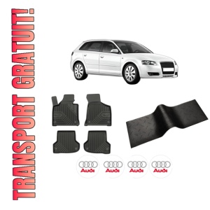 Set 5 covorase auto AUDI A3 Sportback (8PA) din 2009-2014, cu covoras tunel median, presuri auto din cauciuc, 4x Stickere auto cu AUDI